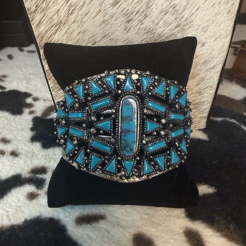 Statement Turquoise Mosaic Inlay & Silver Tone Western Boho Cuff Masterpiece